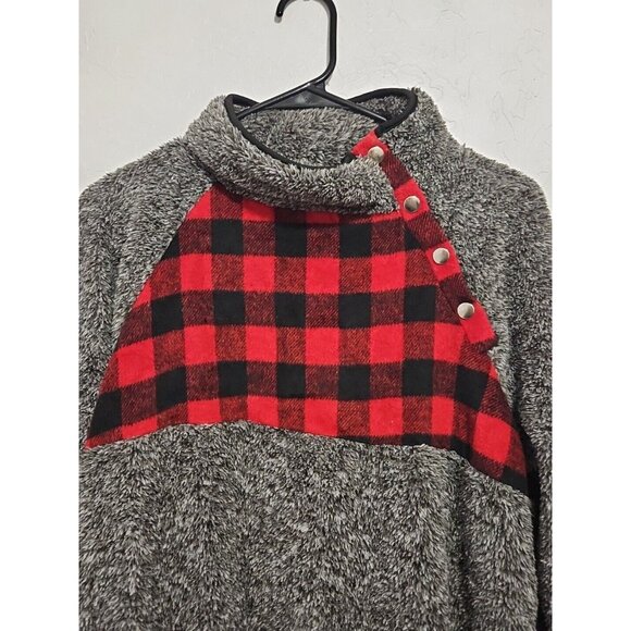Scarlet Rose Sherpa Buffalo Plaid Shirt Snaps Mock Neck Sz Large Cabincore Cozy - Picture 2 of 11